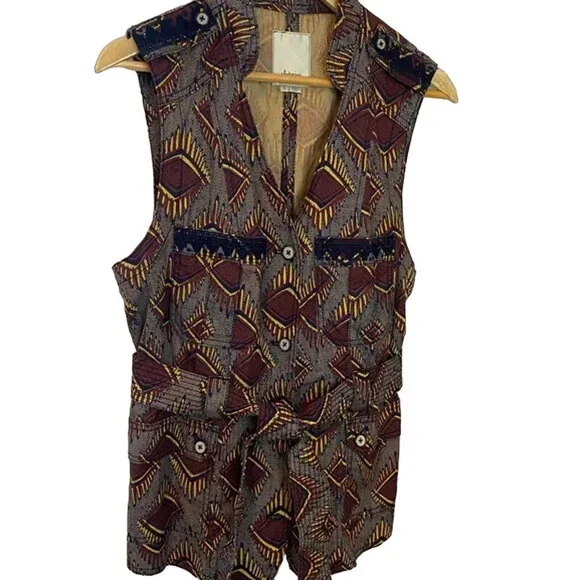 ANTHROPOLOGIE ELEVENSES Tribal Geometric Print Maroon Gold Belted Button Vest XS - Picture 11 of 11
